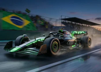Carro da Audi na Fórmula 1 representando a estreia de Gabriel Bortoleto em 2026.