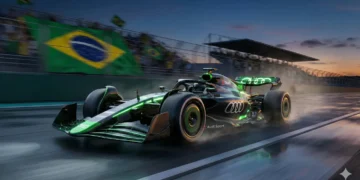 Carro da Audi na Fórmula 1 representando a estreia de Gabriel Bortoleto em 2026.