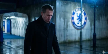 Fachada do Stamford Bridge sob um céu nublado, simbolizando a crise no Chelsea.