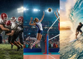 Colagem de ação com jogadores de futebol americano, vôlei e um surfista em uma onda.