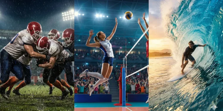 Colagem de ação com jogadores de futebol americano, vôlei e um surfista em uma onda.