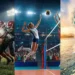 Colagem de ação com jogadores de futebol americano, vôlei e um surfista em uma onda.