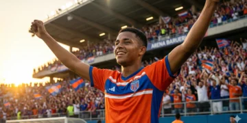 Jovem jogador de futebol comemorando gol na Arena Barueri durante a Copinha 2026.