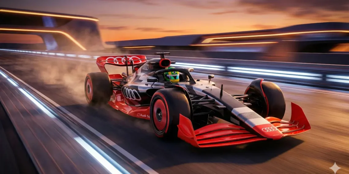 Carro da Audi F1 para 2026 com detalhes que remetem ao piloto brasileiro Gabriel Bortoleto.