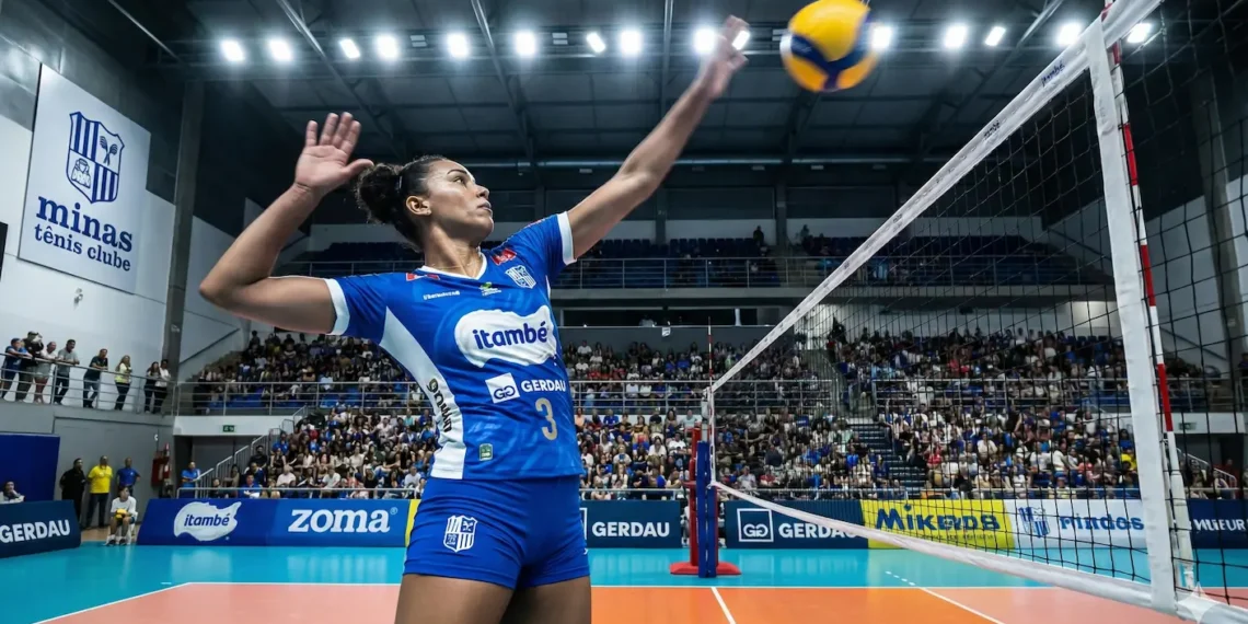 Atleta do Minas Tênis Clube realizando um ataque durante partida da Superliga de Vôlei.