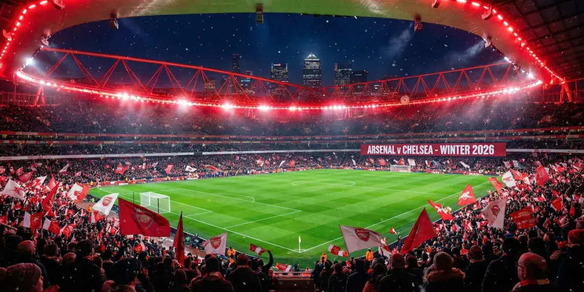 Estádio Emirates iluminado durante um jogo do Arsenal na Premier League em 2026.