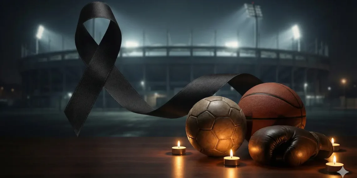 Homenagem póstuma com símbolos esportivos e fita de luto.