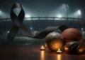 Homenagem póstuma com símbolos esportivos e fita de luto.