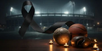 Homenagem póstuma com símbolos esportivos e fita de luto.