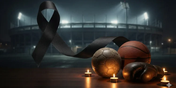 Homenagem póstuma com símbolos esportivos e fita de luto.
