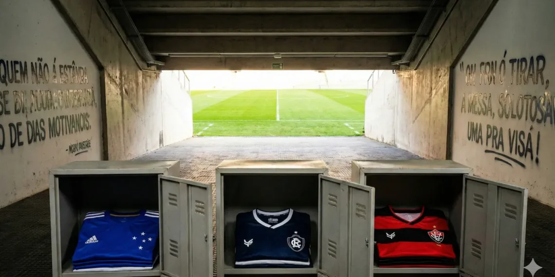Uniformes de Cruzeiro, Remo e Vitória em um vestiário, simbolizando o mercado da bola.