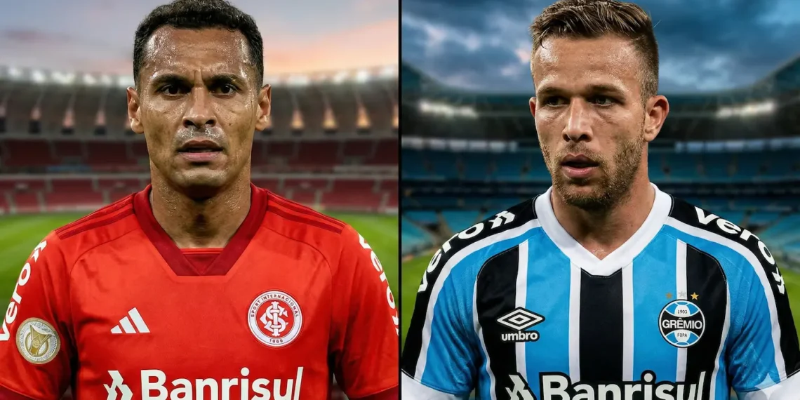 Representação dos uniformes de Internacional e Grêmio, ilustrando o mercado da dupla Gre-Nal.