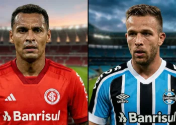 Representação dos uniformes de Internacional e Grêmio, ilustrando o mercado da dupla Gre-Nal.