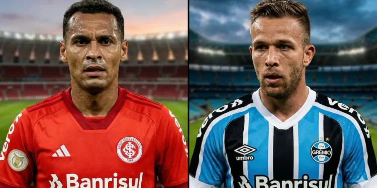 Representação dos uniformes de Internacional e Grêmio, ilustrando o mercado da dupla Gre-Nal.