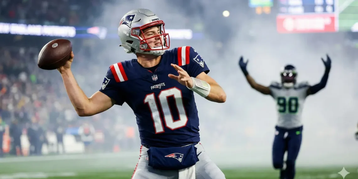 Quarterback Drake Maye dos Patriots realizando um passe durante jogo da NFL.