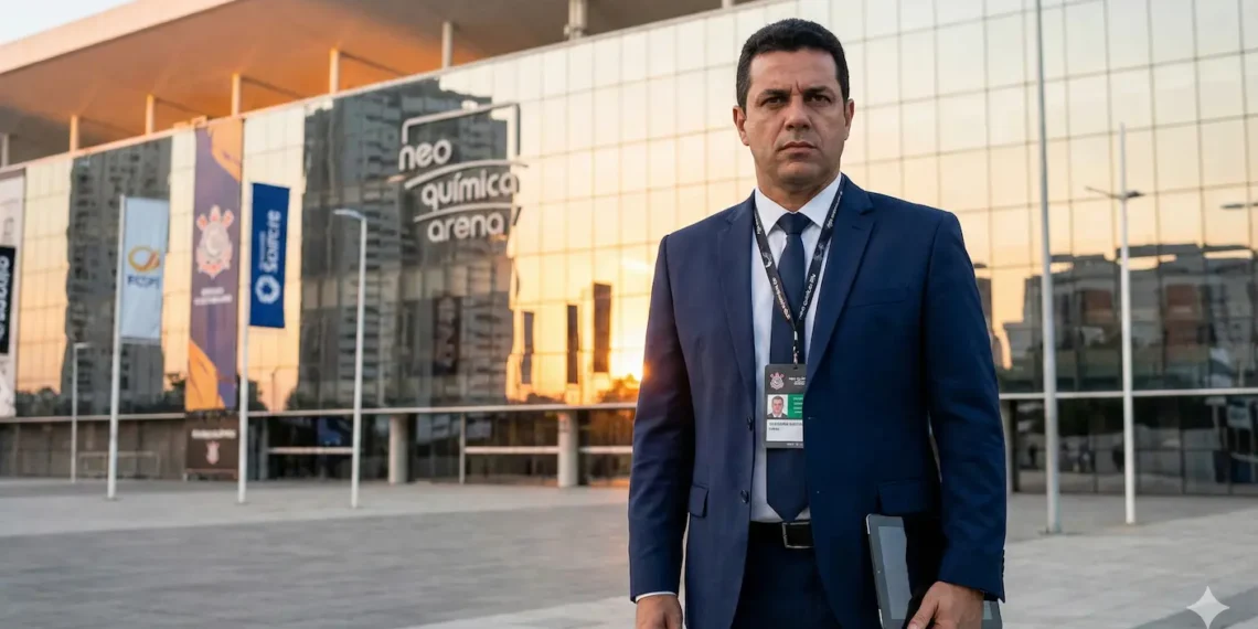 Executivo Marcelo Paz, novo diretor de futebol do Corinthians, em frente à Neo Química Arena.