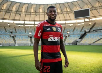 Emerson Royal posando com a camisa do Flamengo no Maracanã.