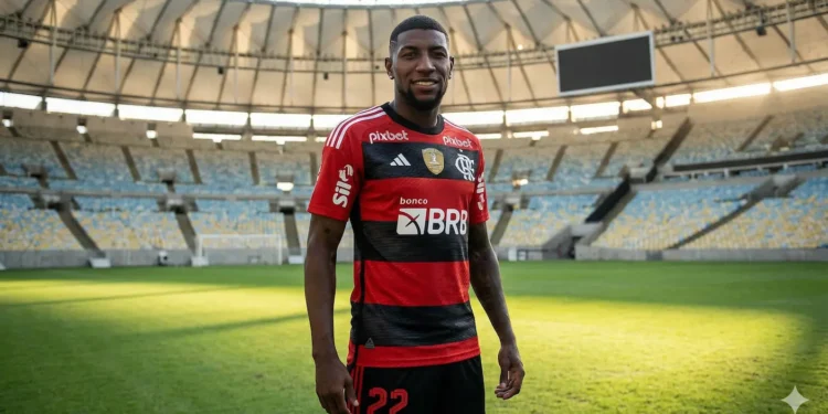 Emerson Royal posando com a camisa do Flamengo no Maracanã.