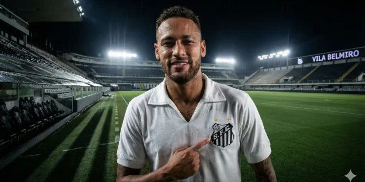 Neymar Jr. com a camisa do Santos FC no estádio da Vila Belmiro.