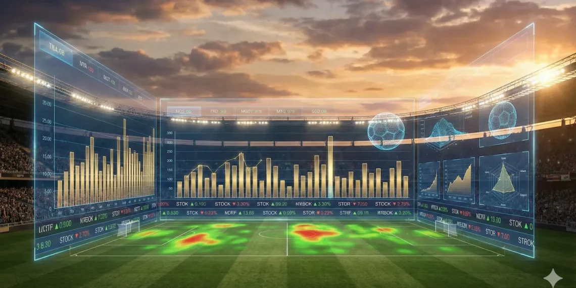 Interface tecnológica com dados financeiros e estatísticas sobre um estádio de futebol.