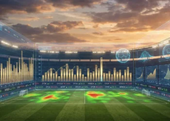 Interface tecnológica com dados financeiros e estatísticas sobre um estádio de futebol.