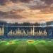 Interface tecnológica com dados financeiros e estatísticas sobre um estádio de futebol.