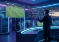 Centro de comando tecnológico analisando dados esportivos e tendências para 2026.
