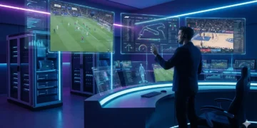 Centro de comando tecnológico analisando dados esportivos e tendências para 2026.