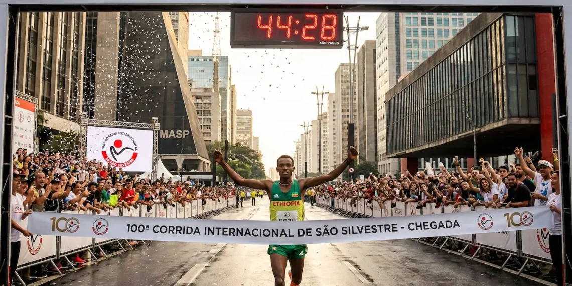 Chegada do campeão Muse Gizachew na 100ª Corrida de São Silvestre na Avenida Paulista.