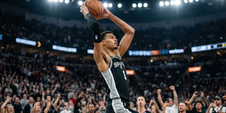 Victor Wembanyama fazendo uma enterrada pelos San Antonio Spurs em um jogo da NBA.