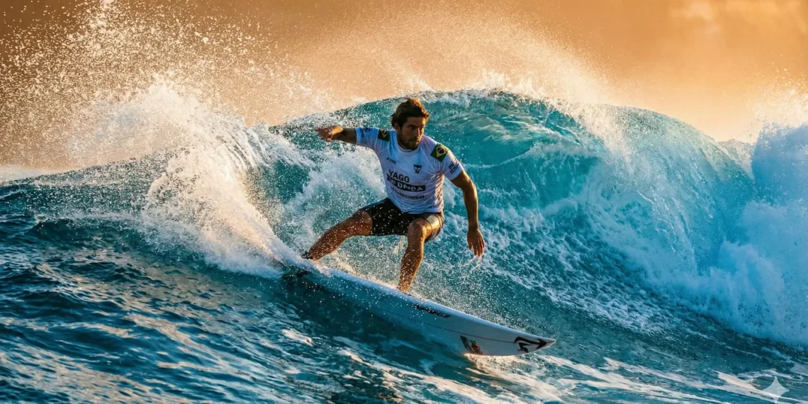 Surfista brasileiro Yago Dora realizando manobra em uma onda gigante.