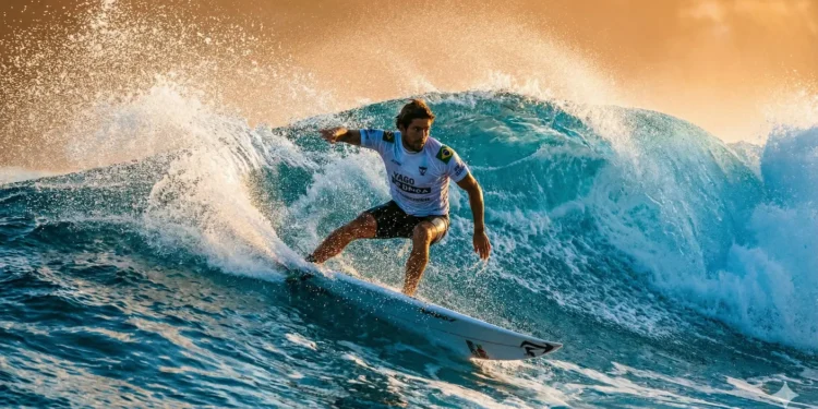 Surfista brasileiro Yago Dora realizando manobra em uma onda gigante.